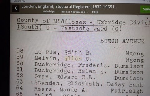 1945 Electoral Register Beech Avenue
