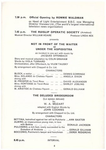 Winston Churchill Hall Opening Night Programme